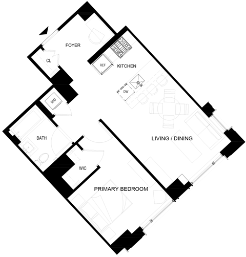Floor plan for 1 bed, 1 bath, 600 sqft